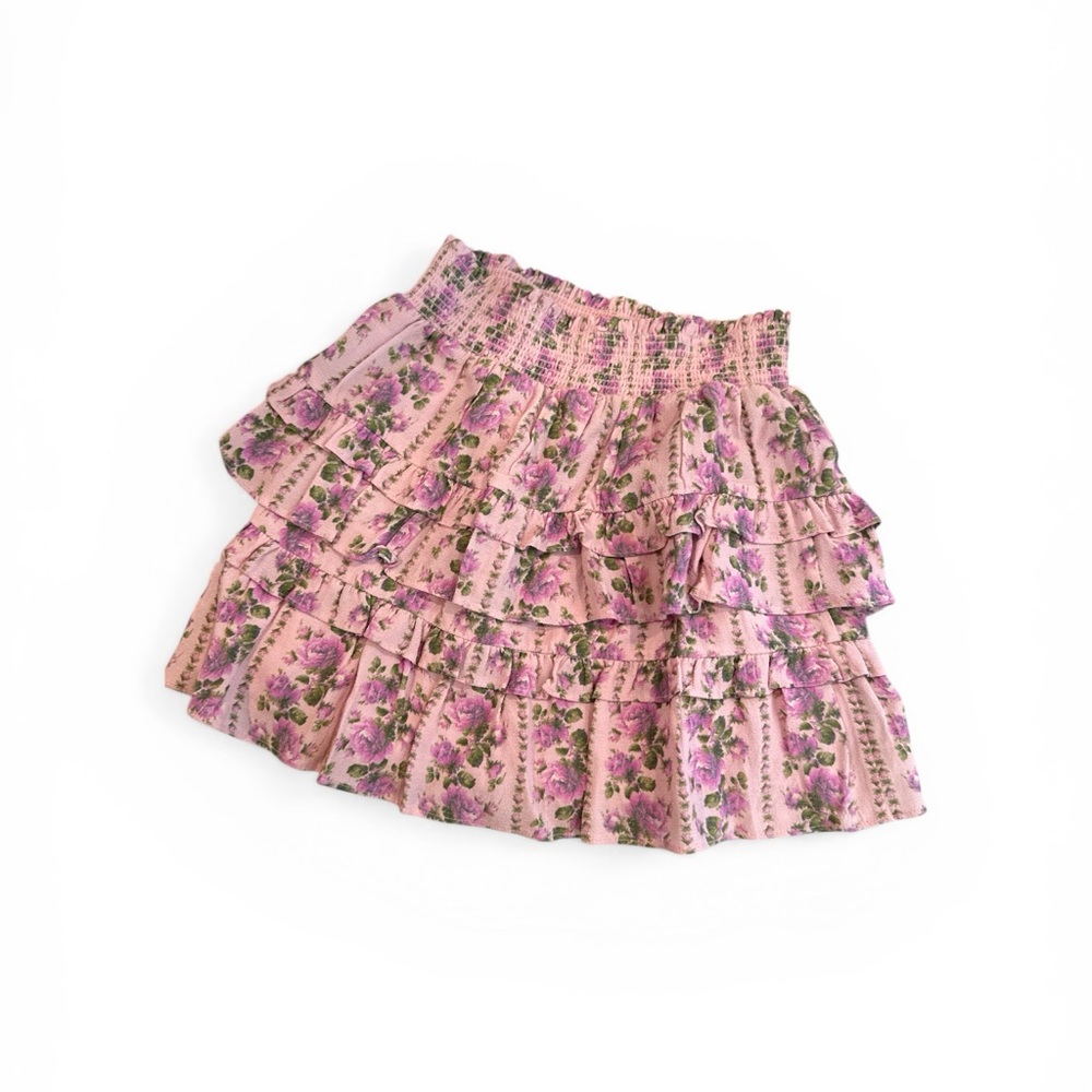 LoveShackFancy Pink Floral Tiered Ruffle Skirt